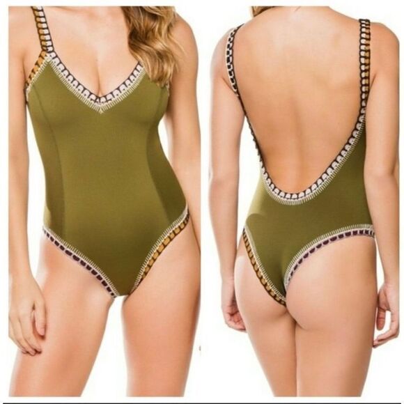 Kiini  Wren Swimsuit Scoop Back Maillot Crochet One Piece High Cut Olive Green S - Picture 1 of 16